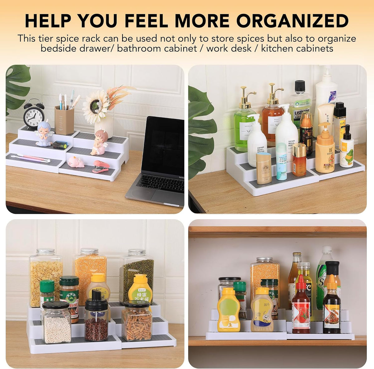 3 Tier Expandable Spice Rack Organizer, White/Grey Plastic Spice Rack, Adjustable Length 14.6In-25.8In, 2 Pack Non-Skid Tiered Spice Shelf Organizer for Kitchen Cabinet, Cupboard, Pantry