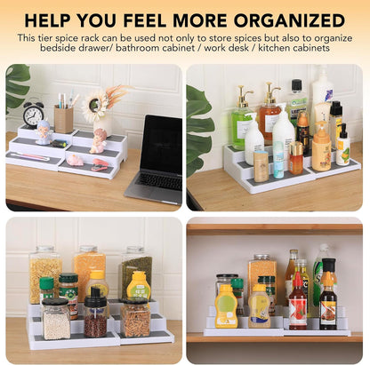 3 Tier Expandable Spice Rack Organizer, White/Grey Plastic Spice Rack, Adjustable Length 14.6In-25.8In, 2 Pack Non-Skid Tiered Spice Shelf Organizer for Kitchen Cabinet, Cupboard, Pantry