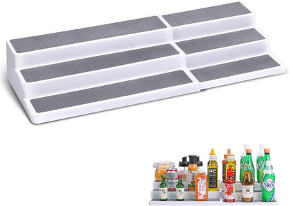 3 Tier Expandable Spice Rack Organizer, White/Grey Plastic Spice Rack, Adjustable Length 14.6In-25.8In, 2 Pack Non-Skid Tiered Spice Shelf Organizer for Kitchen Cabinet, Cupboard, Pantry