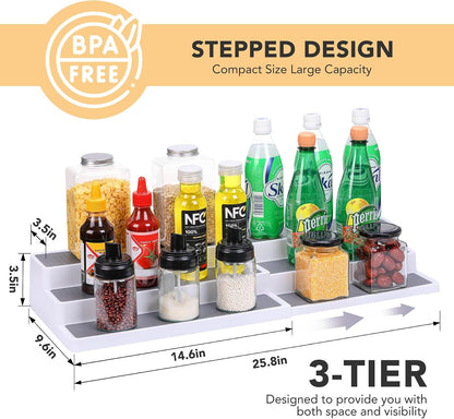 3 Tier Expandable Spice Rack Organizer, White/Grey Plastic Spice Rack, Adjustable Length 14.6In-25.8In, 2 Pack Non-Skid Tiered Spice Shelf Organizer for Kitchen Cabinet, Cupboard, Pantry