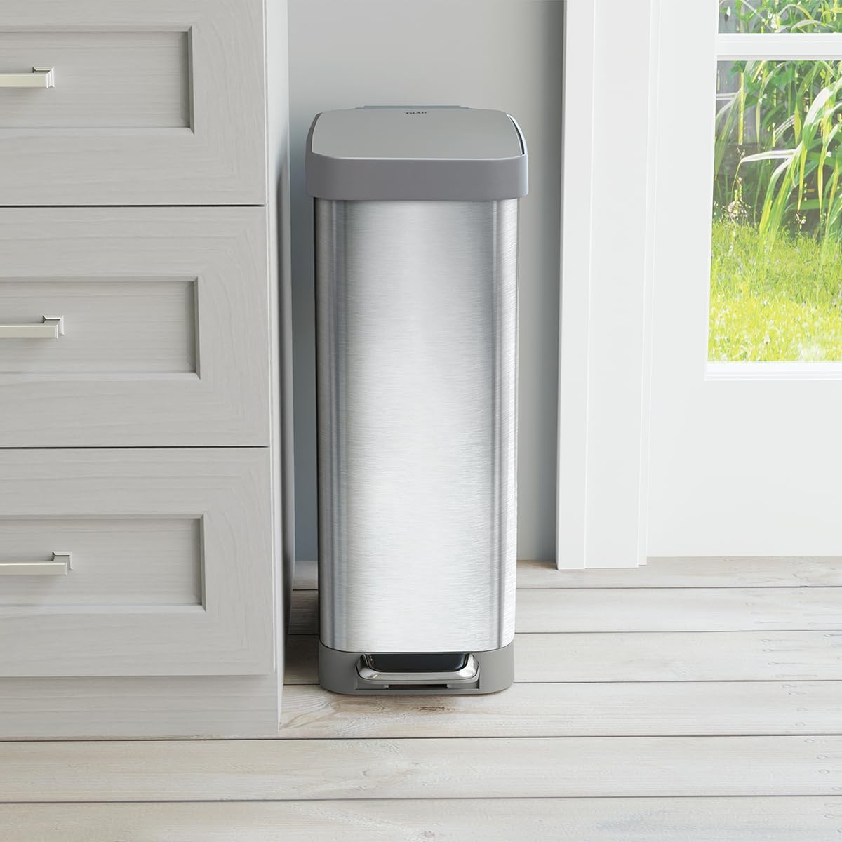 Glad Slim Trash Can with Clorox Odor Protection - Narrow Kitchen Garbage Bin with Soft Close Lid, Step On Foot Pedal and Waste Bag Roll Holder, All Stainless, 12 Gallon/45 Liter