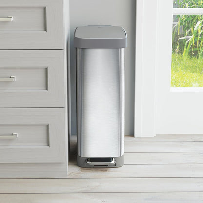 Glad Slim Trash Can with Clorox Odor Protection - Narrow Kitchen Garbage Bin with Soft Close Lid, Step On Foot Pedal and Waste Bag Roll Holder, All Stainless, 12 Gallon/45 Liter