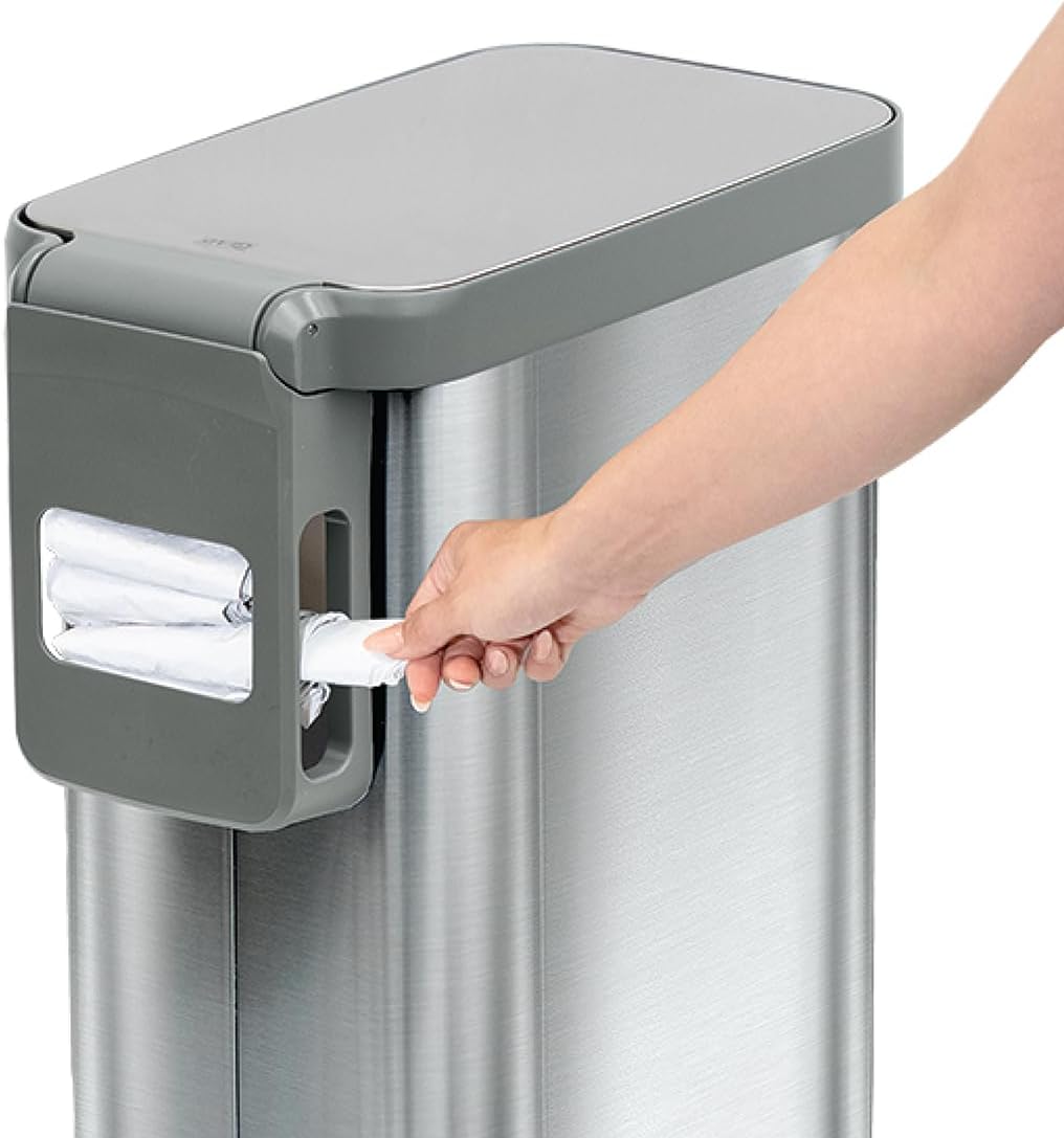 Glad Slim Trash Can with Clorox Odor Protection - Narrow Kitchen Garbage Bin with Soft Close Lid, Step On Foot Pedal and Waste Bag Roll Holder, All Stainless, 12 Gallon/45 Liter