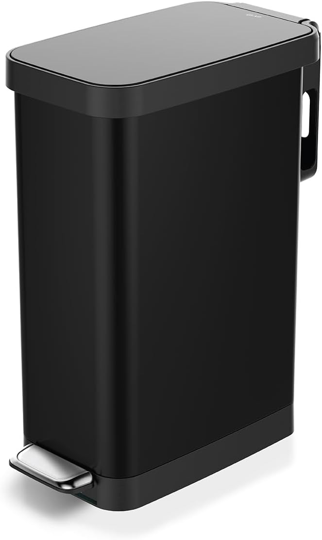 Glad Slim Trash Can with Clorox Odor Protection - Narrow Kitchen Garbage Bin with Soft Close Lid, Step On Foot Pedal and Waste Bag Roll Holder, All Stainless, 12 Gallon/45 Liter