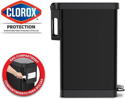 Glad Slim Trash Can with Clorox Odor Protection - Narrow Kitchen Garbage Bin with Soft Close Lid, Step On Foot Pedal and Waste Bag Roll Holder, All Stainless, 12 Gallon/45 Liter