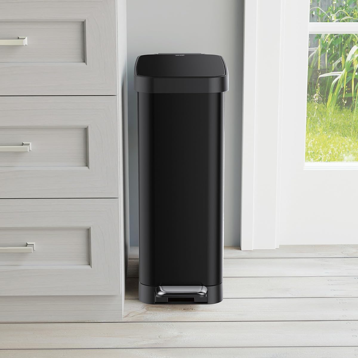 Glad Slim Trash Can with Clorox Odor Protection - Narrow Kitchen Garbage Bin with Soft Close Lid, Step On Foot Pedal and Waste Bag Roll Holder, All Stainless, 12 Gallon/45 Liter