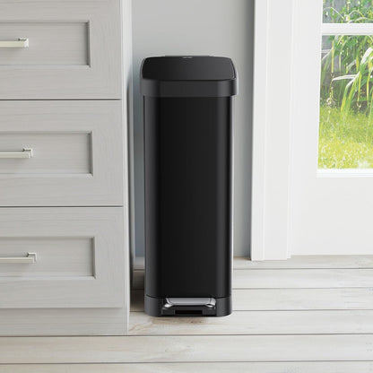 Glad Slim Trash Can with Clorox Odor Protection - Narrow Kitchen Garbage Bin with Soft Close Lid, Step On Foot Pedal and Waste Bag Roll Holder, All Stainless, 12 Gallon/45 Liter