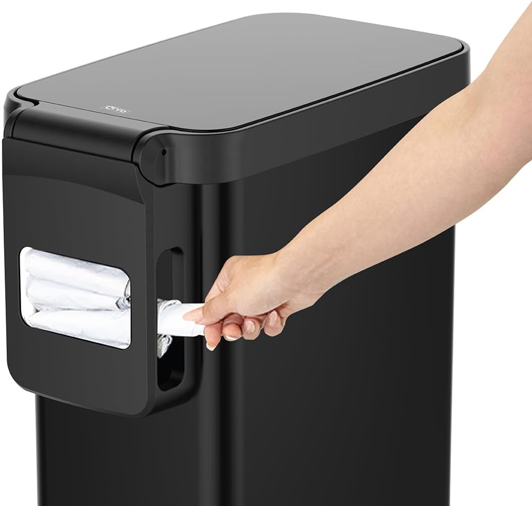 Glad Slim Trash Can with Clorox Odor Protection - Narrow Kitchen Garbage Bin with Soft Close Lid, Step On Foot Pedal and Waste Bag Roll Holder, All Stainless, 12 Gallon/45 Liter