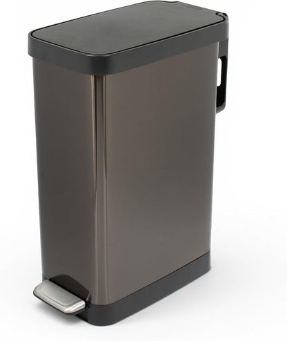 Glad Slim Trash Can with Clorox Odor Protection - Narrow Kitchen Garbage Bin with Soft Close Lid, Step On Foot Pedal and Waste Bag Roll Holder, All Stainless, 12 Gallon/45 Liter