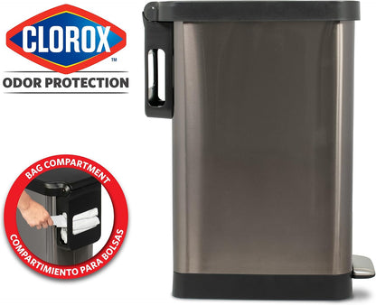 Glad Slim Trash Can with Clorox Odor Protection - Narrow Kitchen Garbage Bin with Soft Close Lid, Step On Foot Pedal and Waste Bag Roll Holder, All Stainless, 12 Gallon/45 Liter