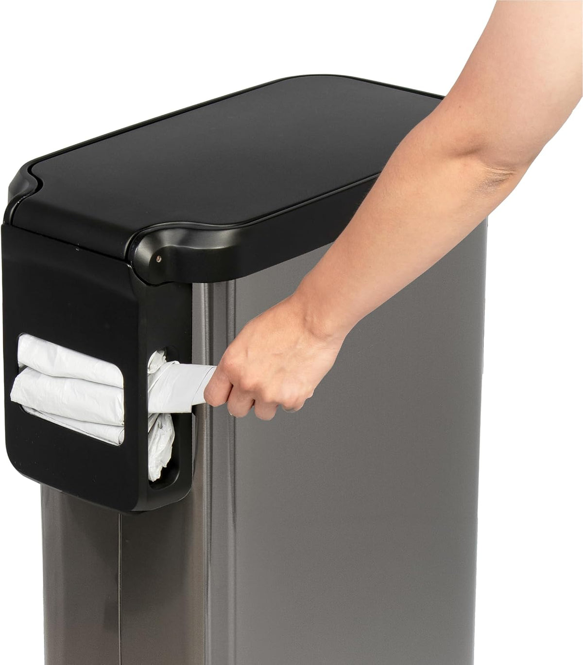 Glad Slim Trash Can with Clorox Odor Protection - Narrow Kitchen Garbage Bin with Soft Close Lid, Step On Foot Pedal and Waste Bag Roll Holder, All Stainless, 12 Gallon/45 Liter
