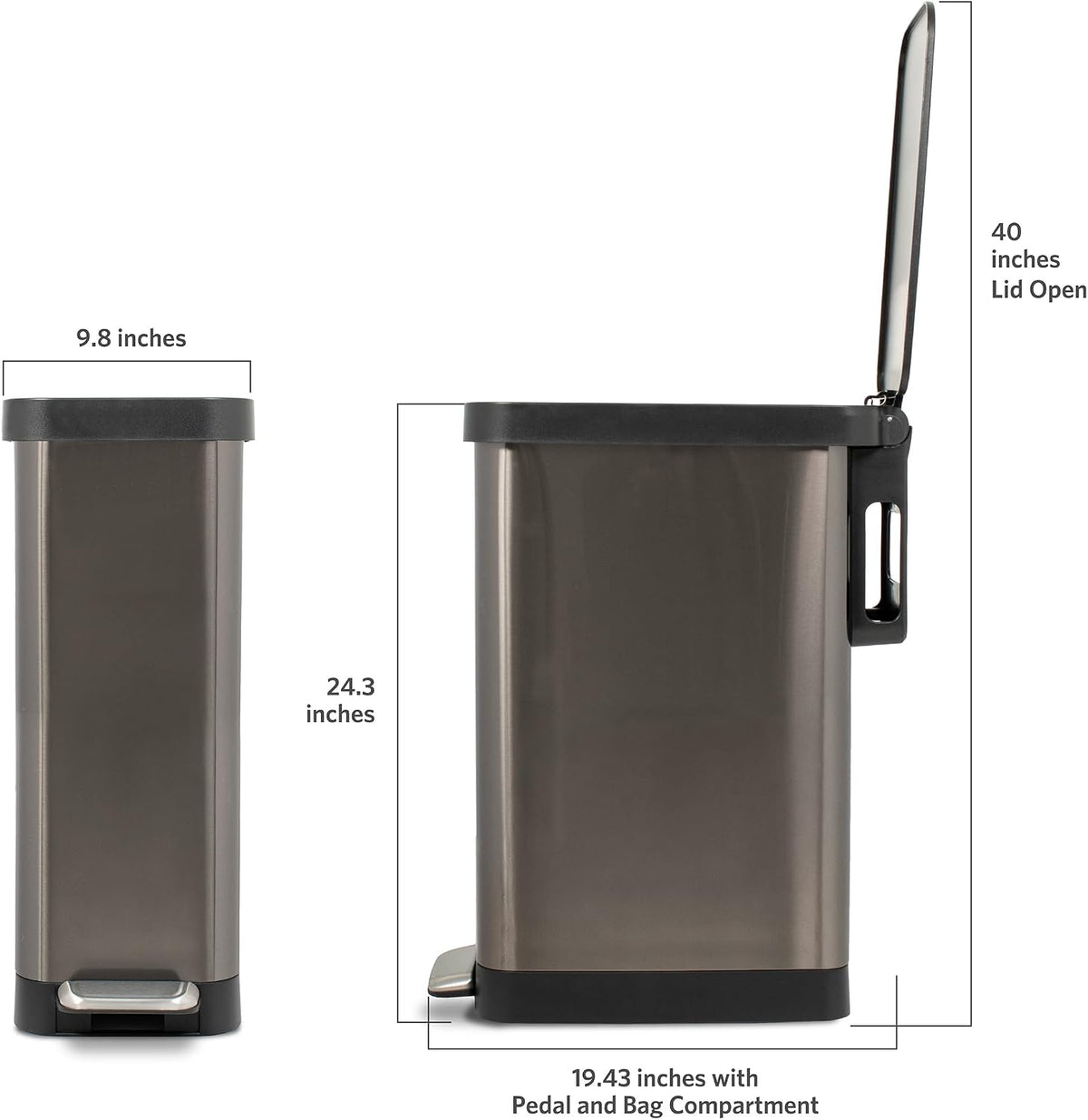 Glad Slim Trash Can with Clorox Odor Protection - Narrow Kitchen Garbage Bin with Soft Close Lid, Step On Foot Pedal and Waste Bag Roll Holder, All Stainless, 12 Gallon/45 Liter