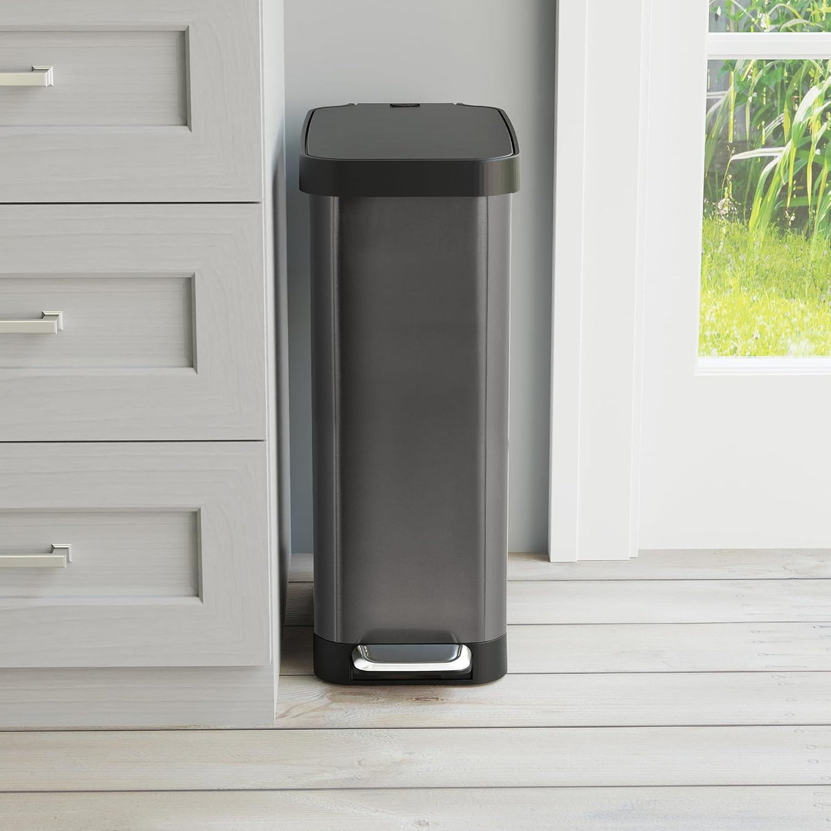 Glad Slim Trash Can with Clorox Odor Protection - Narrow Kitchen Garbage Bin with Soft Close Lid, Step On Foot Pedal and Waste Bag Roll Holder, All Stainless, 12 Gallon/45 Liter