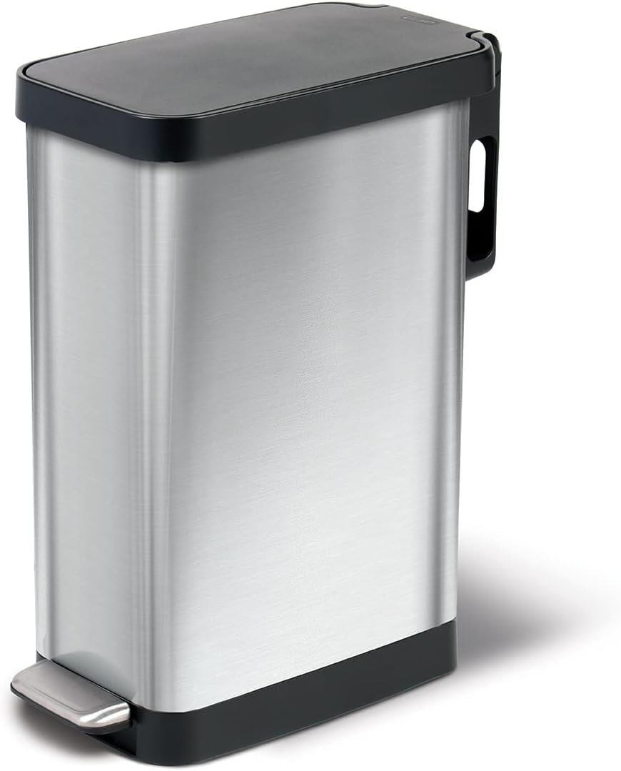 Glad Slim Trash Can with Clorox Odor Protection - Narrow Kitchen Garbage Bin with Soft Close Lid, Step On Foot Pedal and Waste Bag Roll Holder, All Stainless, 12 Gallon/45 Liter