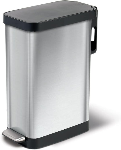 Glad Slim Trash Can with Clorox Odor Protection - Narrow Kitchen Garbage Bin with Soft Close Lid, Step On Foot Pedal and Waste Bag Roll Holder, All Stainless, 12 Gallon/45 Liter
