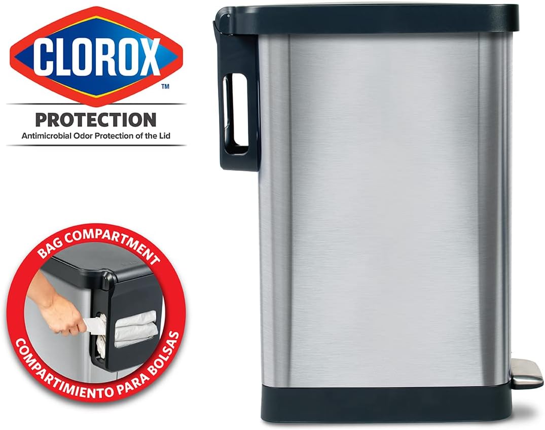 Glad Slim Trash Can with Clorox Odor Protection - Narrow Kitchen Garbage Bin with Soft Close Lid, Step On Foot Pedal and Waste Bag Roll Holder, All Stainless, 12 Gallon/45 Liter