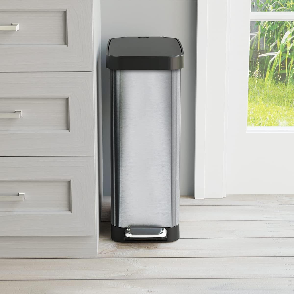 Glad Slim Trash Can with Clorox Odor Protection - Narrow Kitchen Garbage Bin with Soft Close Lid, Step On Foot Pedal and Waste Bag Roll Holder, All Stainless, 12 Gallon/45 Liter