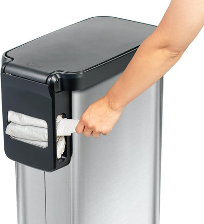 Glad Slim Trash Can with Clorox Odor Protection - Narrow Kitchen Garbage Bin with Soft Close Lid, Step On Foot Pedal and Waste Bag Roll Holder, All Stainless, 12 Gallon/45 Liter