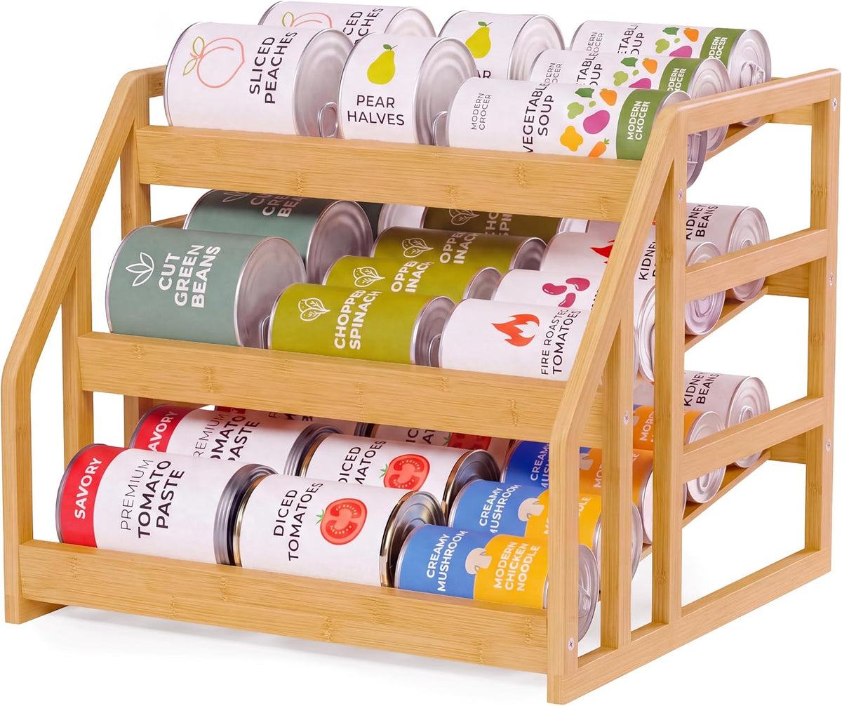 Bamboo Can Organizer for Pantry - 3 Tier Rack with Adjustable Dividers, Gravity Feed Canned Goods Organizer, 36 Cans Soda Storage