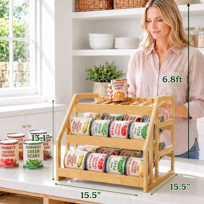 Bamboo Can Organizer for Pantry - 3 Tier Rack with Adjustable Dividers, Gravity Feed Canned Goods Organizer, 36 Cans Soda Storage