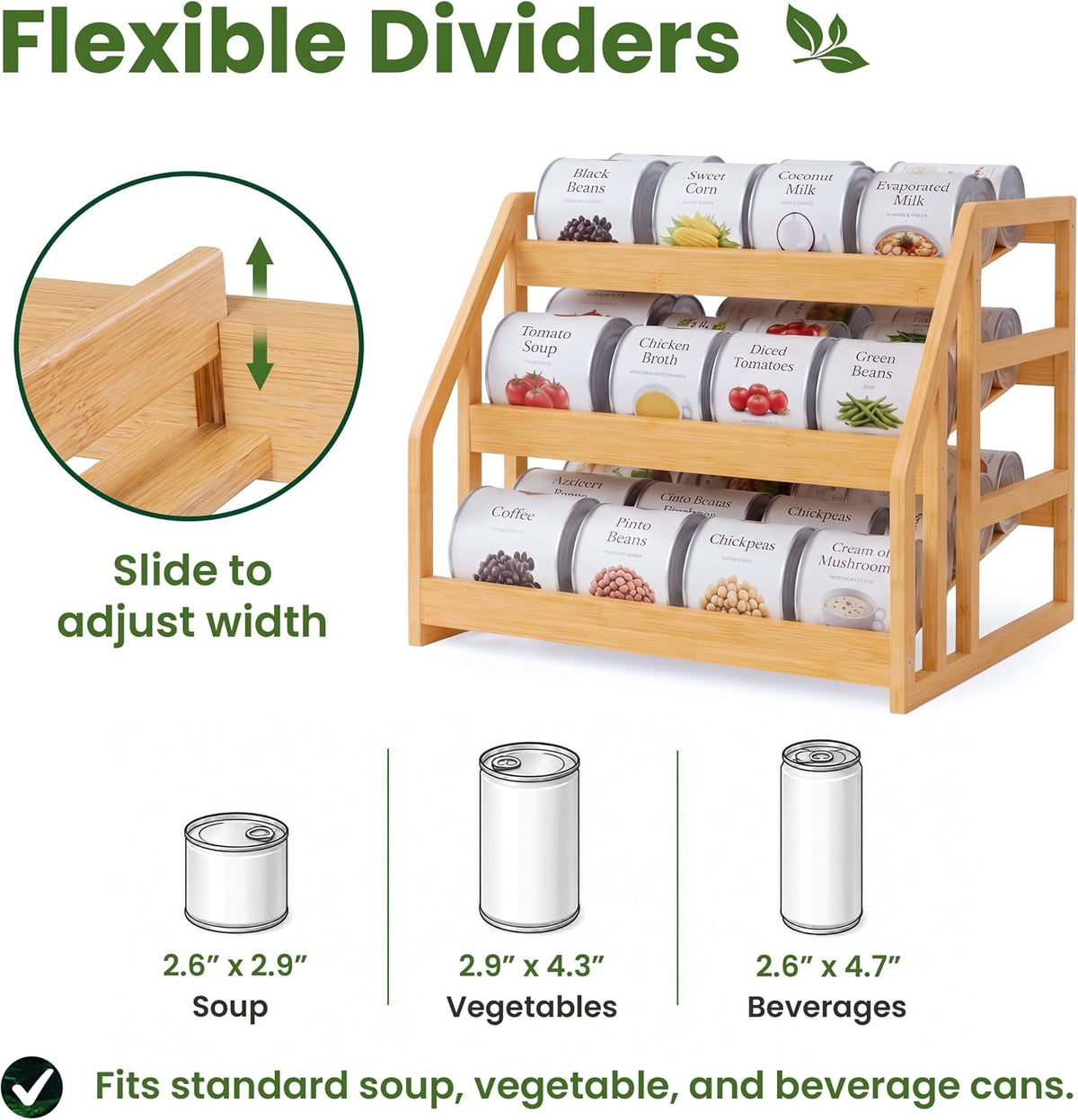Bamboo Can Organizer for Pantry - 3 Tier Rack with Adjustable Dividers, Gravity Feed Canned Goods Organizer, 36 Cans Soda Storage