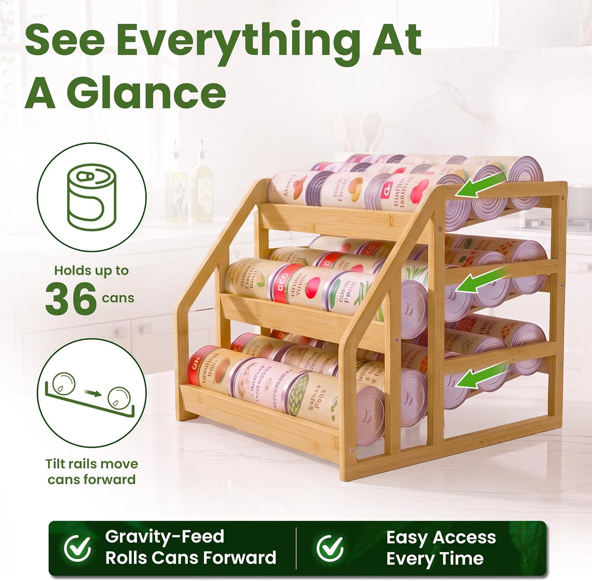Bamboo Can Organizer for Pantry - 3 Tier Rack with Adjustable Dividers, Gravity Feed Canned Goods Organizer, 36 Cans Soda Storage