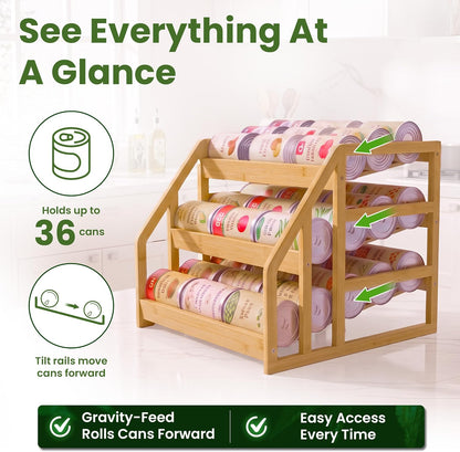Bamboo Can Organizer for Pantry - 3 Tier Rack with Adjustable Dividers, Gravity Feed Canned Goods Organizer, 36 Cans Soda Storage
