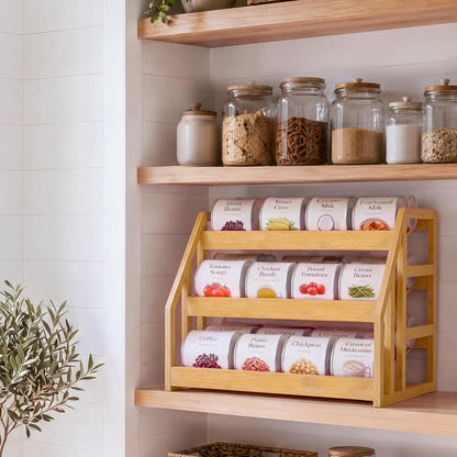 Bamboo Can Organizer for Pantry - 3 Tier Rack with Adjustable Dividers, Gravity Feed Canned Goods Organizer, 36 Cans Soda Storage