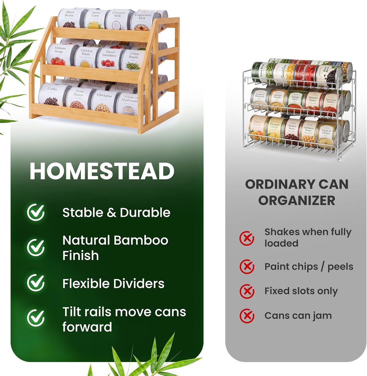 Bamboo Can Organizer for Pantry - 3 Tier Rack with Adjustable Dividers, Gravity Feed Canned Goods Organizer, 36 Cans Soda Storage