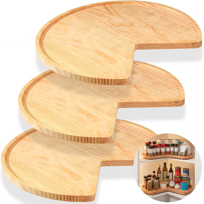 3 Pcs 24 Inch Banded Pine Wood Full Kidney Shaped Lazy Susan for Corner Base Cabinets with Steel Swivel Bearing for Kitchen Turntables Pantry Spice Can Storage, Not Include Metal Rod
