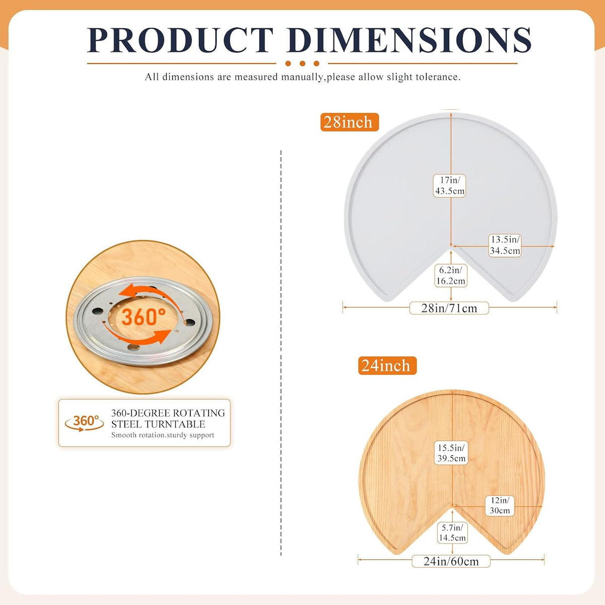 3 Pcs 24 Inch Banded Pine Wood Full Kidney Shaped Lazy Susan for Corner Base Cabinets with Steel Swivel Bearing for Kitchen Turntables Pantry Spice Can Storage, Not Include Metal Rod