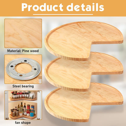 3 Pcs 24 Inch Banded Pine Wood Full Kidney Shaped Lazy Susan for Corner Base Cabinets with Steel Swivel Bearing for Kitchen Turntables Pantry Spice Can Storage, Not Include Metal Rod