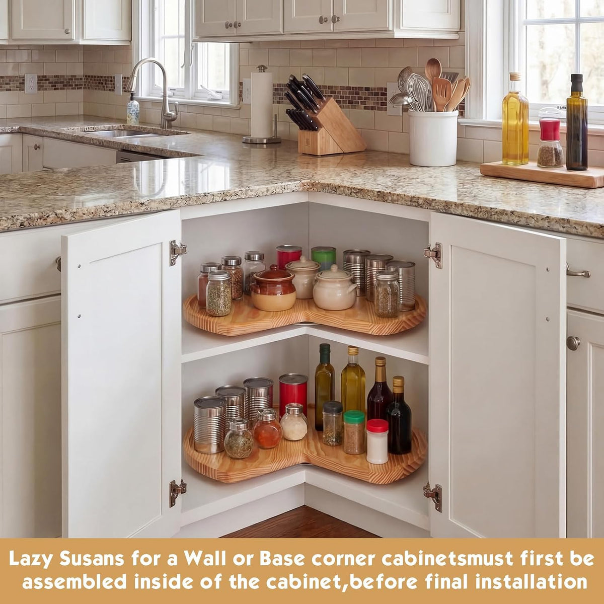 3 Pcs 24 Inch Banded Pine Wood Full Kidney Shaped Lazy Susan for Corner Base Cabinets with Steel Swivel Bearing for Kitchen Turntables Pantry Spice Can Storage, Not Include Metal Rod