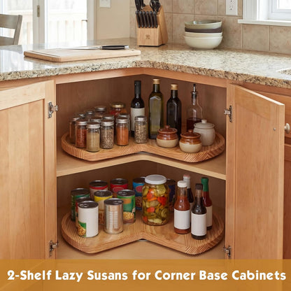 3 Pcs 24 Inch Banded Pine Wood Full Kidney Shaped Lazy Susan for Corner Base Cabinets with Steel Swivel Bearing for Kitchen Turntables Pantry Spice Can Storage, Not Include Metal Rod