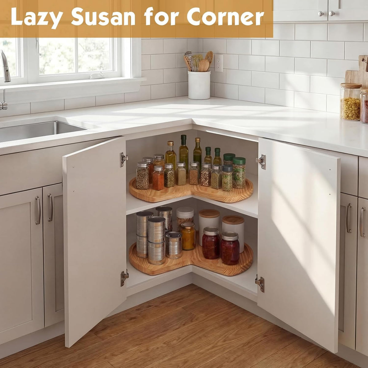 3 Pcs 24 Inch Banded Pine Wood Full Kidney Shaped Lazy Susan for Corner Base Cabinets with Steel Swivel Bearing for Kitchen Turntables Pantry Spice Can Storage, Not Include Metal Rod