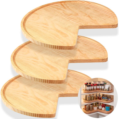 3 Pcs 24 Inch Banded Pine Wood Full Kidney Shaped Lazy Susan for Corner Base Cabinets with Steel Swivel Bearing for Kitchen Turntables Pantry Spice Can Storage, Not Include Metal Rod