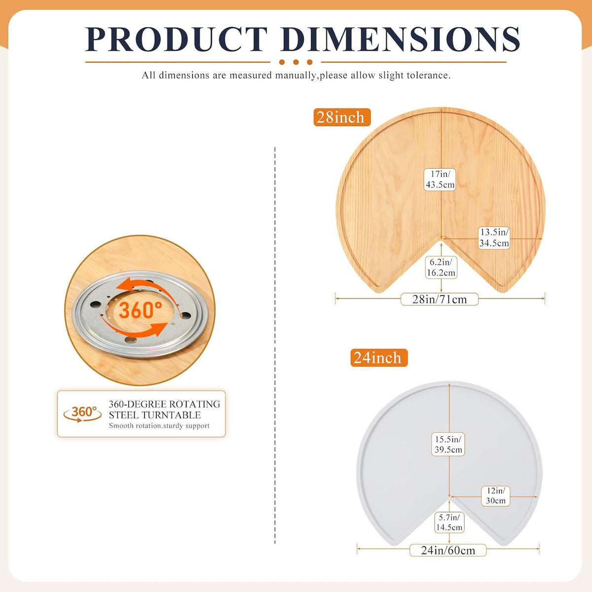 3 Pcs 24 Inch Banded Pine Wood Full Kidney Shaped Lazy Susan for Corner Base Cabinets with Steel Swivel Bearing for Kitchen Turntables Pantry Spice Can Storage, Not Include Metal Rod