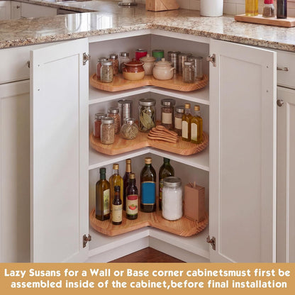 3 Pcs 24 Inch Banded Pine Wood Full Kidney Shaped Lazy Susan for Corner Base Cabinets with Steel Swivel Bearing for Kitchen Turntables Pantry Spice Can Storage, Not Include Metal Rod