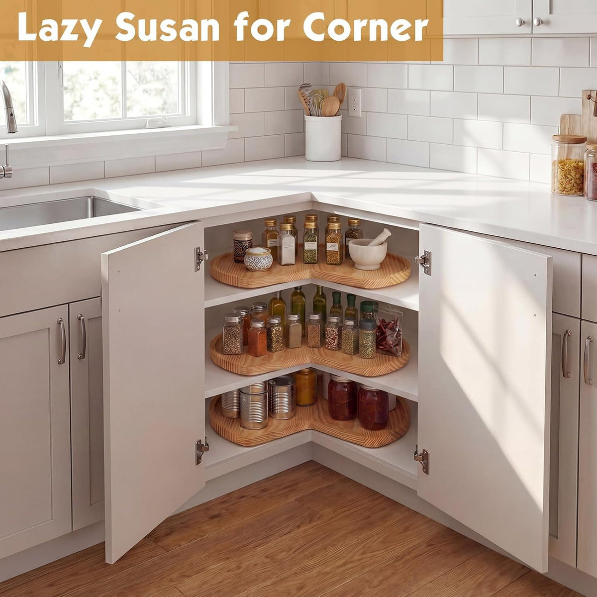 3 Pcs 24 Inch Banded Pine Wood Full Kidney Shaped Lazy Susan for Corner Base Cabinets with Steel Swivel Bearing for Kitchen Turntables Pantry Spice Can Storage, Not Include Metal Rod