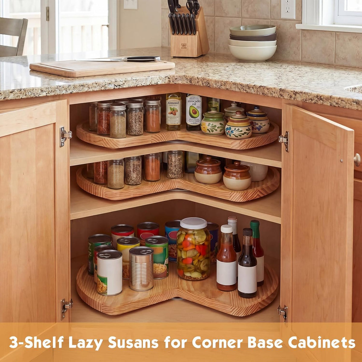 3 Pcs 24 Inch Banded Pine Wood Full Kidney Shaped Lazy Susan for Corner Base Cabinets with Steel Swivel Bearing for Kitchen Turntables Pantry Spice Can Storage, Not Include Metal Rod