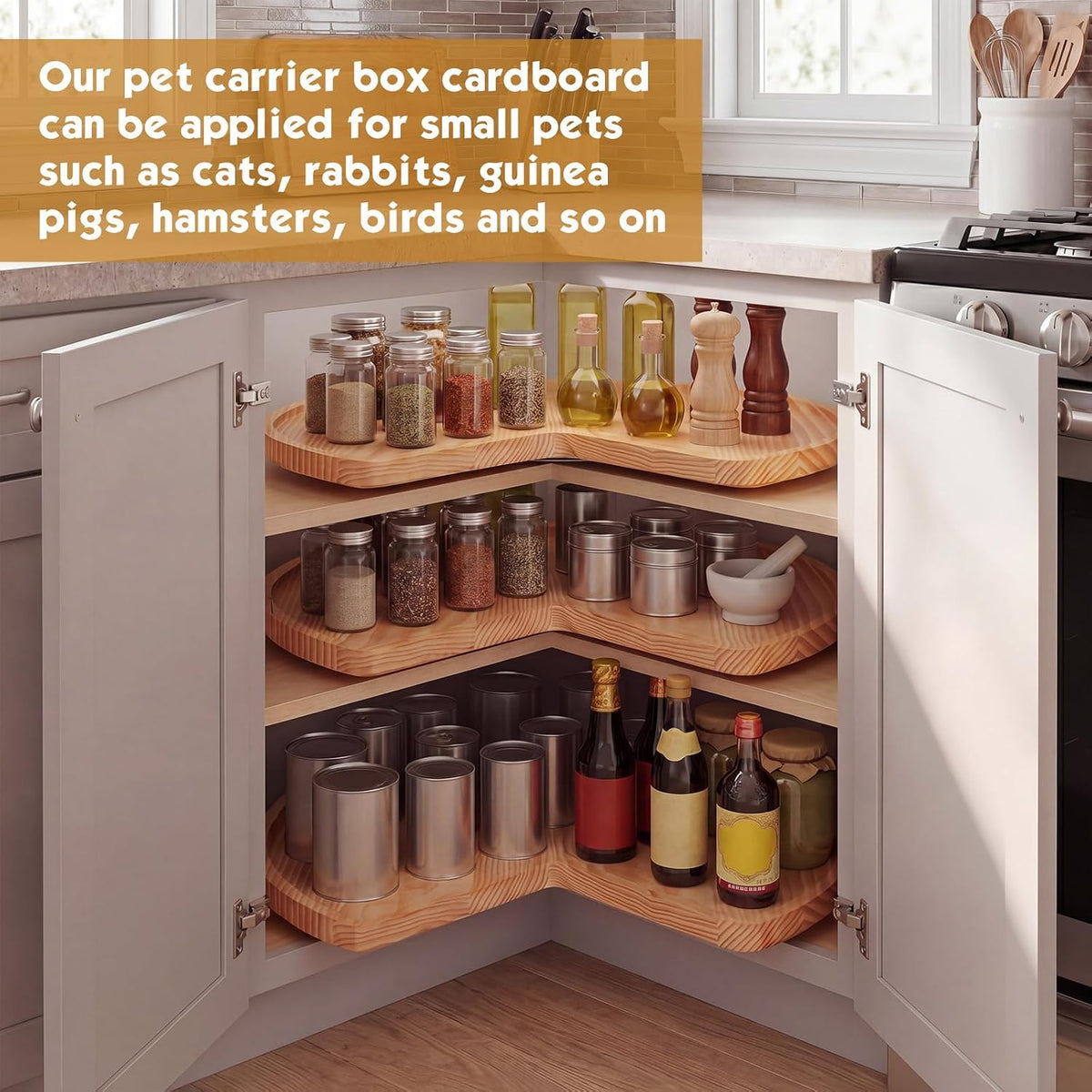 3 Pcs 24 Inch Banded Pine Wood Full Kidney Shaped Lazy Susan for Corner Base Cabinets with Steel Swivel Bearing for Kitchen Turntables Pantry Spice Can Storage, Not Include Metal Rod