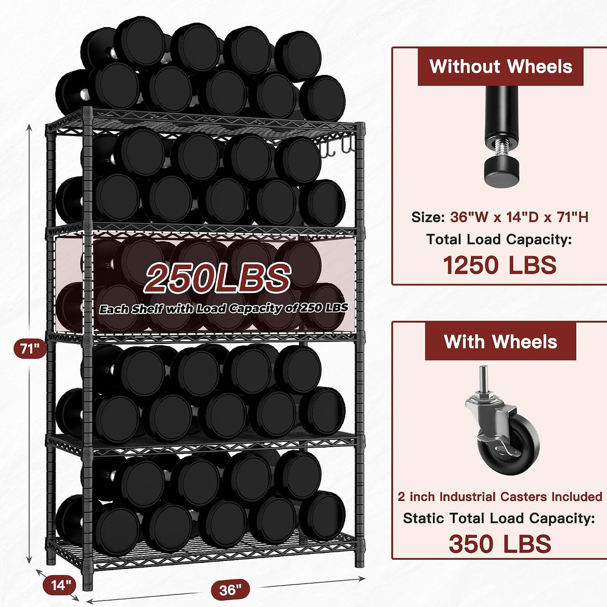 74" H Wire Shelving 1250lbs 5 Tier Storage Shelves with Wheels