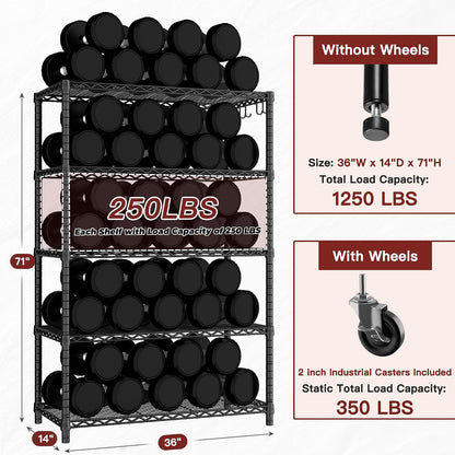 74" H Wire Shelving 1250lbs 5 Tier Storage Shelves with Wheels