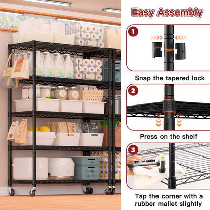 74" H Wire Shelving 1250lbs 5 Tier Storage Shelves with Wheels