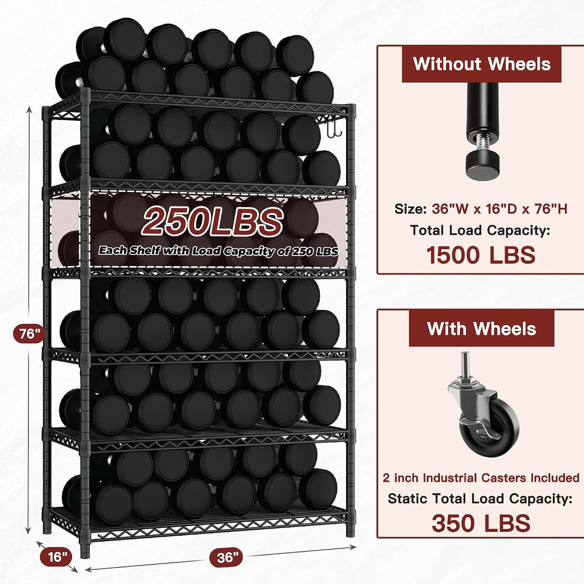 74" H Wire Shelving 1250lbs 5 Tier Storage Shelves with Wheels