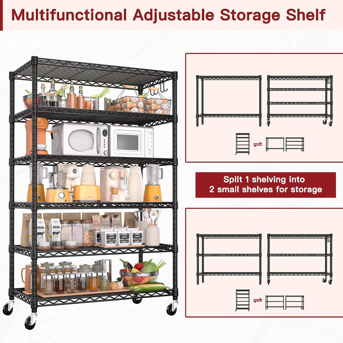 74" H Wire Shelving 1250lbs 5 Tier Storage Shelves with Wheels