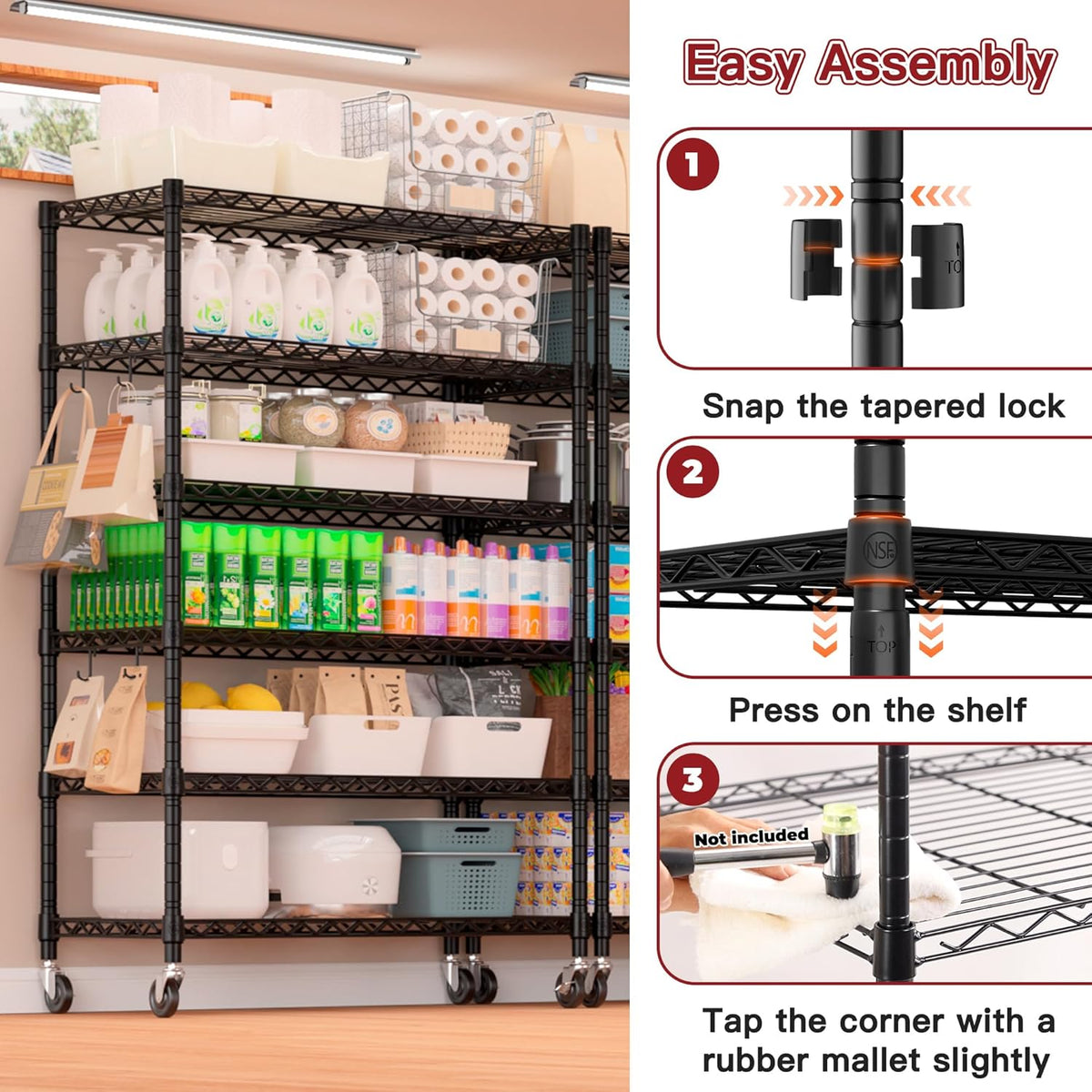 74" H Wire Shelving 1250lbs 5 Tier Storage Shelves with Wheels