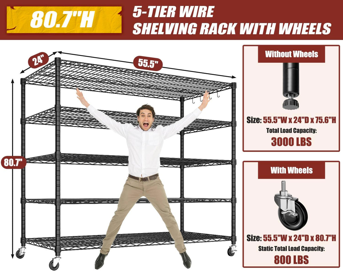 74" H Wire Shelving 1250lbs 5 Tier Storage Shelves with Wheels