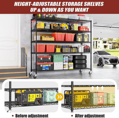 74" H Wire Shelving 1250lbs 5 Tier Storage Shelves with Wheels
