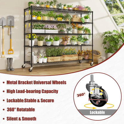 74" H Wire Shelving 1250lbs 5 Tier Storage Shelves with Wheels